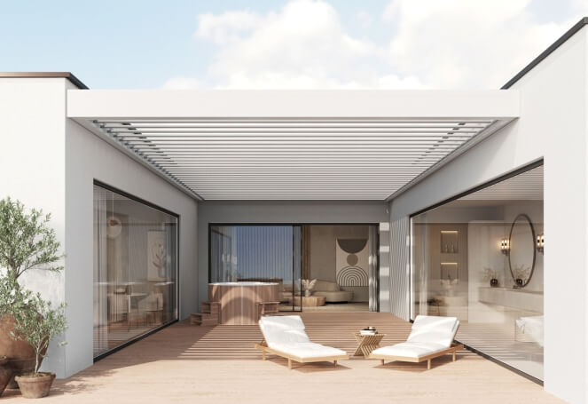 Pergola en aluminium autoportante moderne, offrant une structure robuste et design pour un aménagement extérieur élégant et durable. win pergola